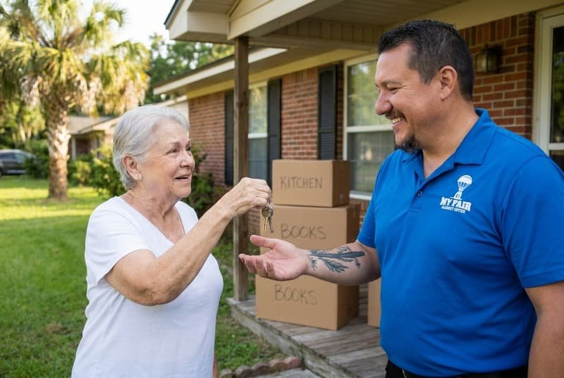 A relieved Jacksonville FL homeowner handing house keys to Bryce Spraggins of My Fair Market Offer after closing