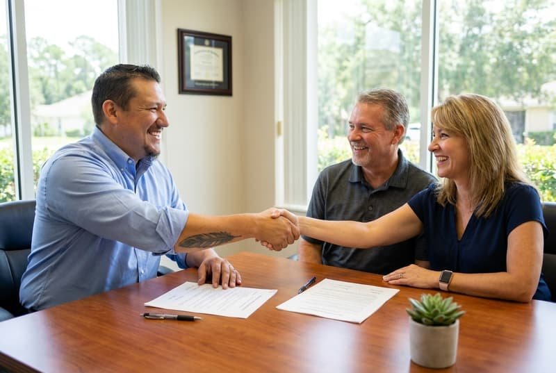 Bryce Spraggins of My Fair Market Offer shaking hands with home sellers at a closing table in Jacksonville FL