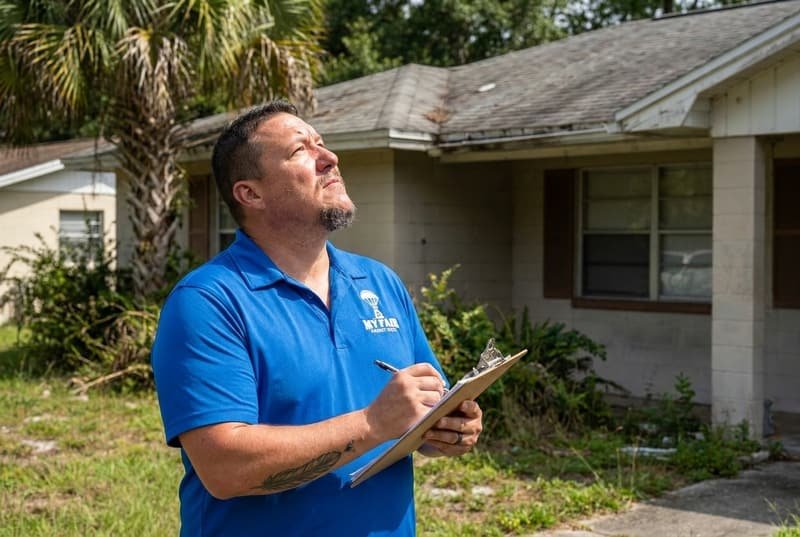 Bryce Spraggins of My Fair Market Offer inspecting a ranch home before a cash offer in Jacksonville Beach FL