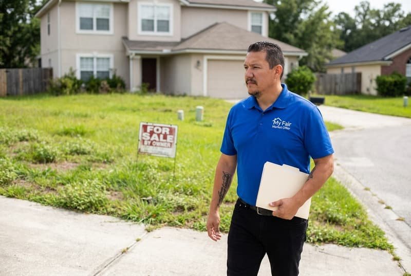 Bryce Spraggins walking up to a suburban house My Fair Market Offer is buying as-is in Jacksonville FL