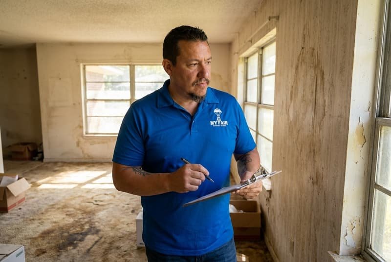 Bryce Spraggins of My Fair Market Offer walking through a distressed house in Jacksonville FL before making a cash offer