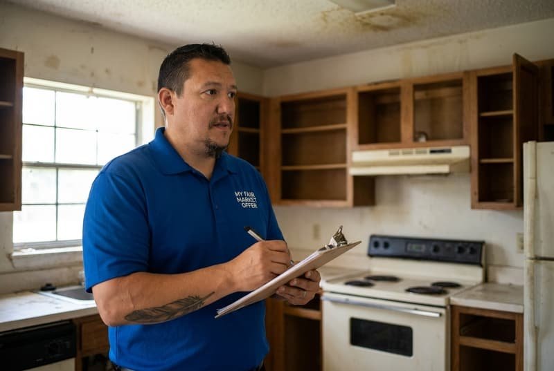 Bryce Spraggins assessing a dated kitchen in an as-is house My Fair Market Offer is buying in Riverside FL