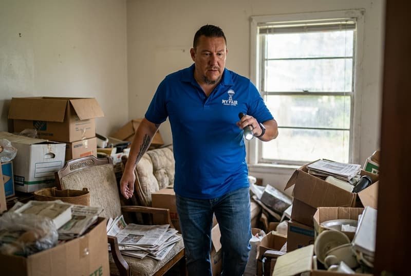 Bryce Spraggins evaluating a cluttered inherited house in Jacksonville FL for a cash purchase